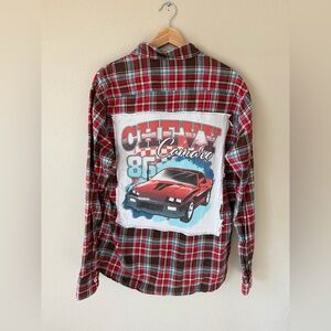 Upcycled Benson Red Blue Plaid Button Up Chevy Graphic Long Sleeve Shirt XL